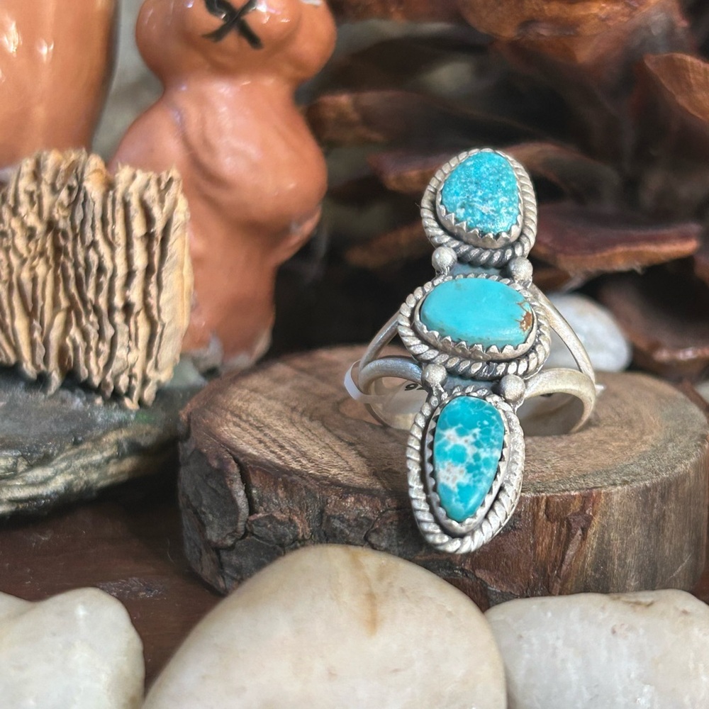 Sterling Silver White Water Turquoise Triple Stone Ring